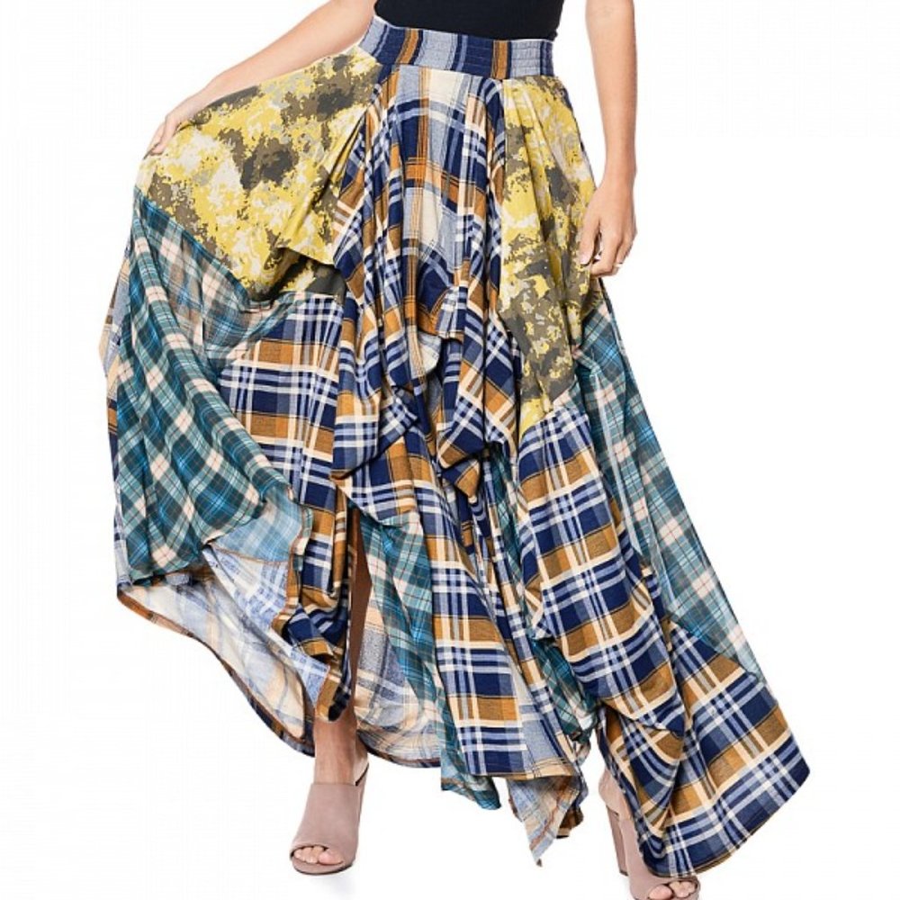 NWT TOV HOLY The Damsel's Yellow Plaid Flowing Maxi Skirt - Picture 3 of 9